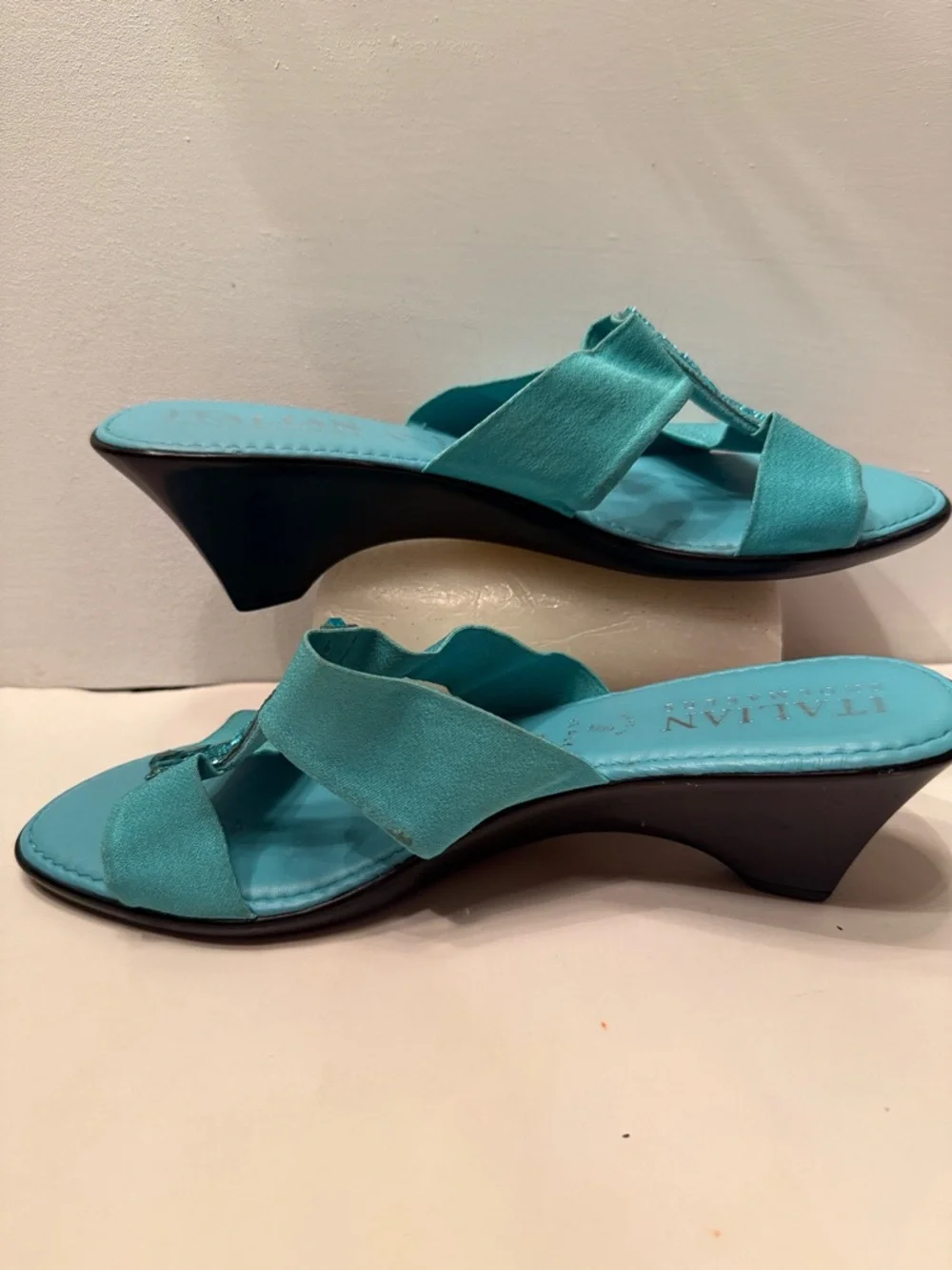 Italian Shoe Makers turquoise blue wedge heels with bling